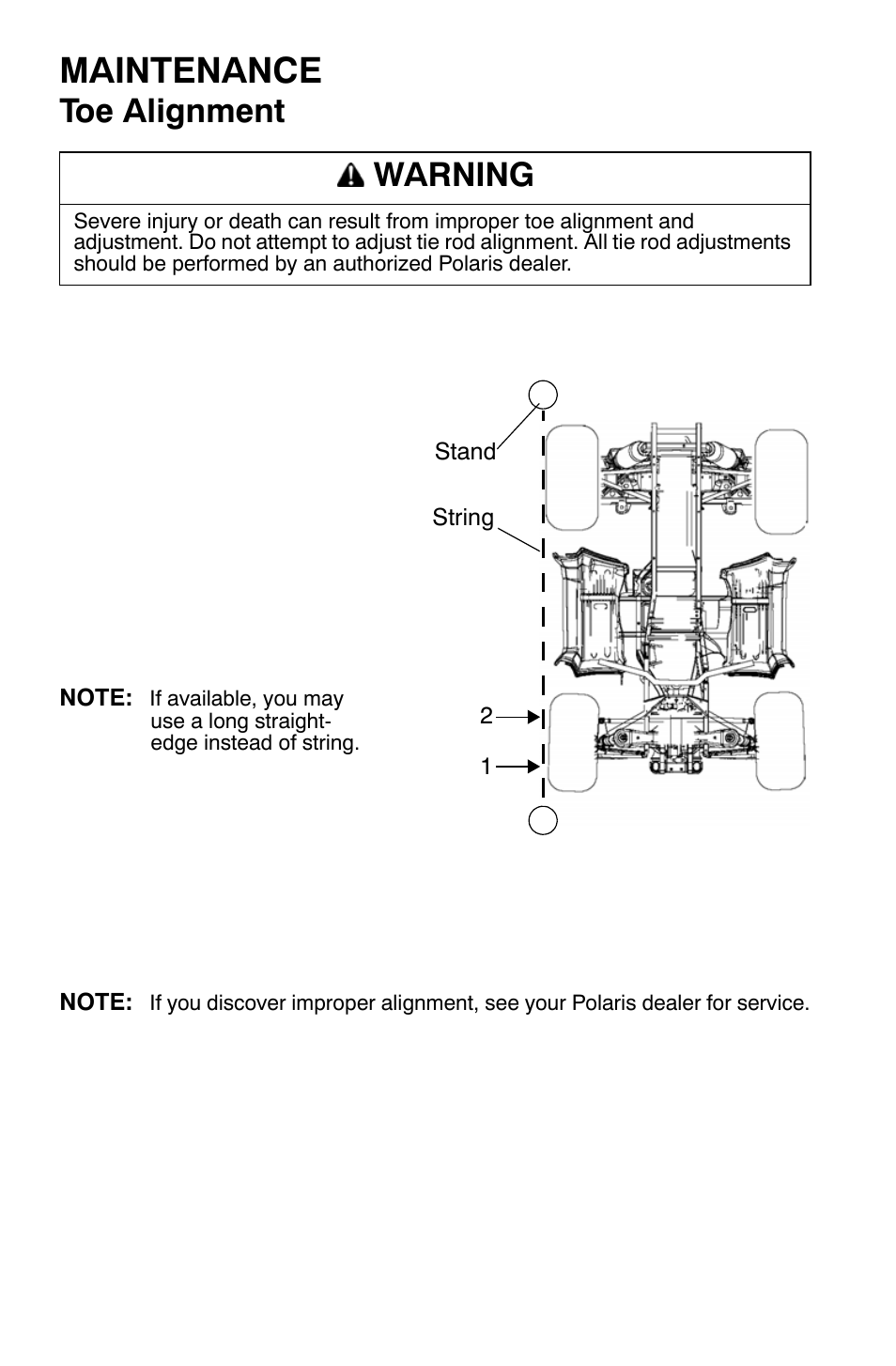 Maintenance, Toe alignment, Warning | Polaris Sportsman 9921477 User Manual | Page 94 / 143