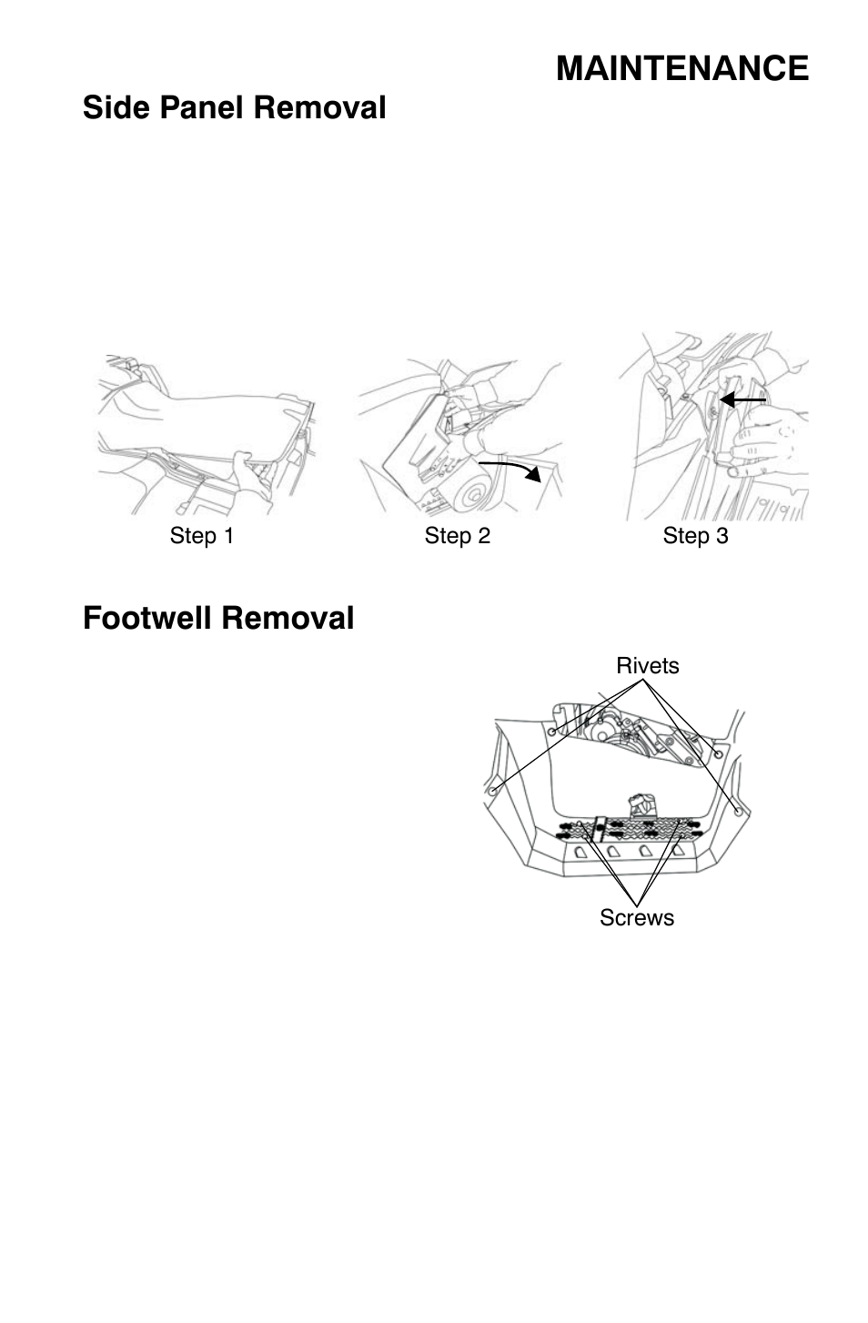 Maintenance, Side panel removal, Footwell removal | Polaris Sportsman 9921477 User Manual | Page 95 / 143