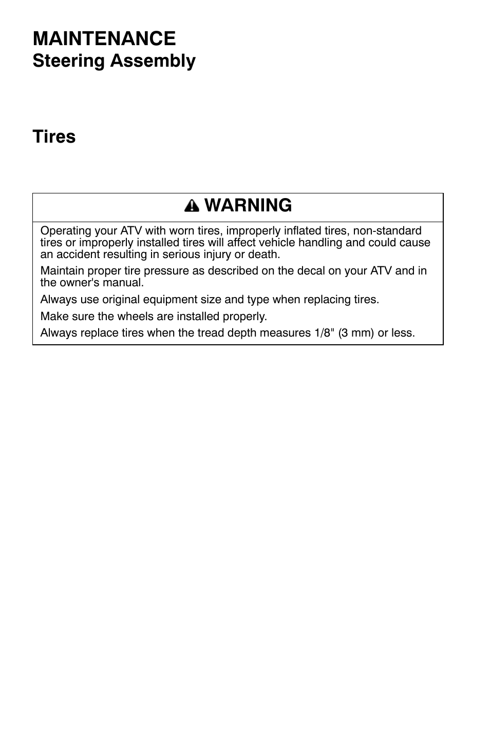 Maintenance, Steering assembly, Tires | Warning | Polaris Sportsman 9921477 User Manual | Page 96 / 143