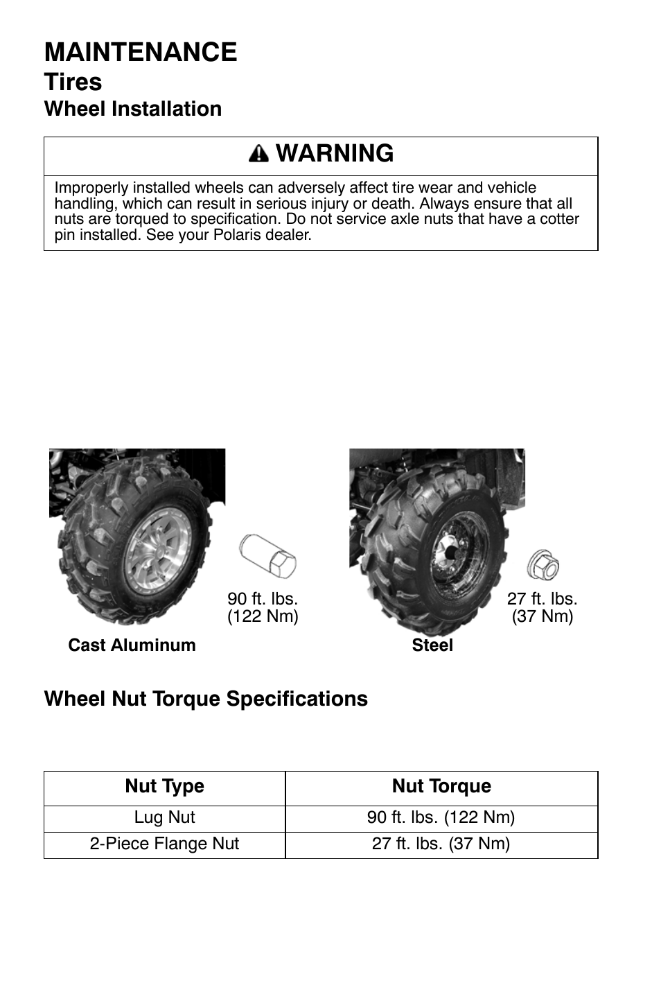 Maintenance, Tires, Warning | Polaris Sportsman 9921477 User Manual | Page 98 / 143
