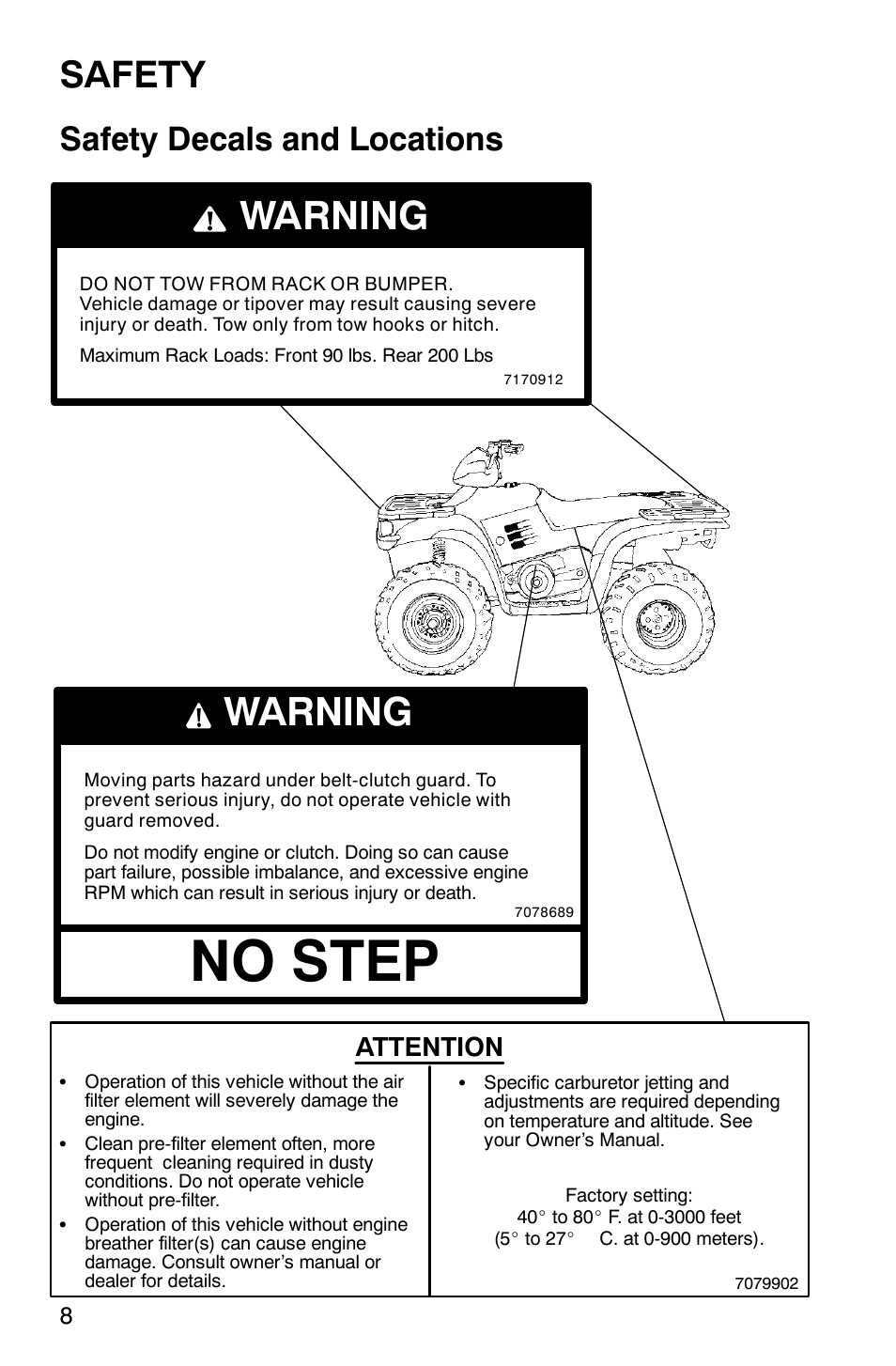 No step, Warning, Safety | Safety decals and locations, Attention | Polaris 700 User Manual | Page 10 / 129