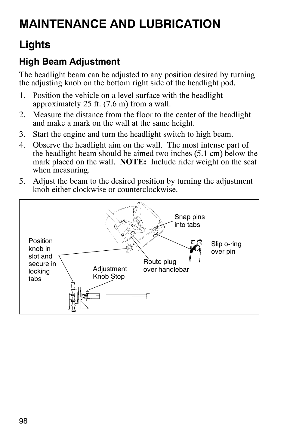 Maintenance and lubrication, Lights, High beam adjustment | Polaris 700 User Manual | Page 100 / 129