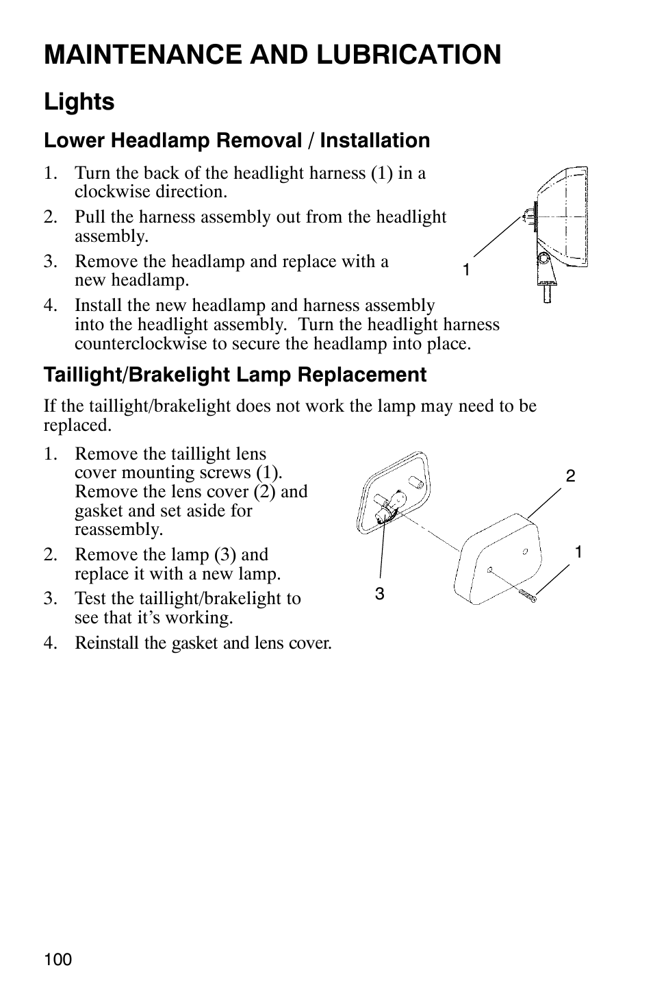 Maintenance and lubrication, Lights | Polaris 700 User Manual | Page 102 / 129