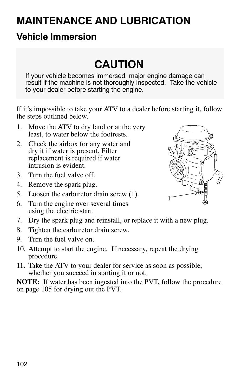 Caution, Maintenance and lubrication, Vehicle immersion | Polaris 700 User Manual | Page 104 / 129