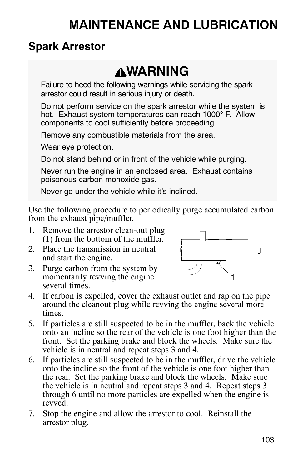 Warning, Maintenance and lubrication, Spark arrestor | Polaris 700 User Manual | Page 105 / 129