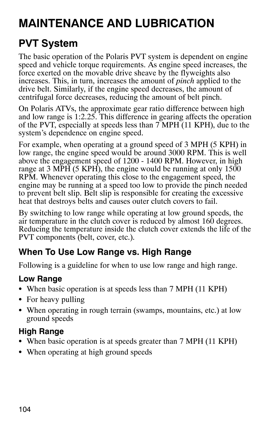 Maintenance and lubrication, Pvt system | Polaris 700 User Manual | Page 106 / 129