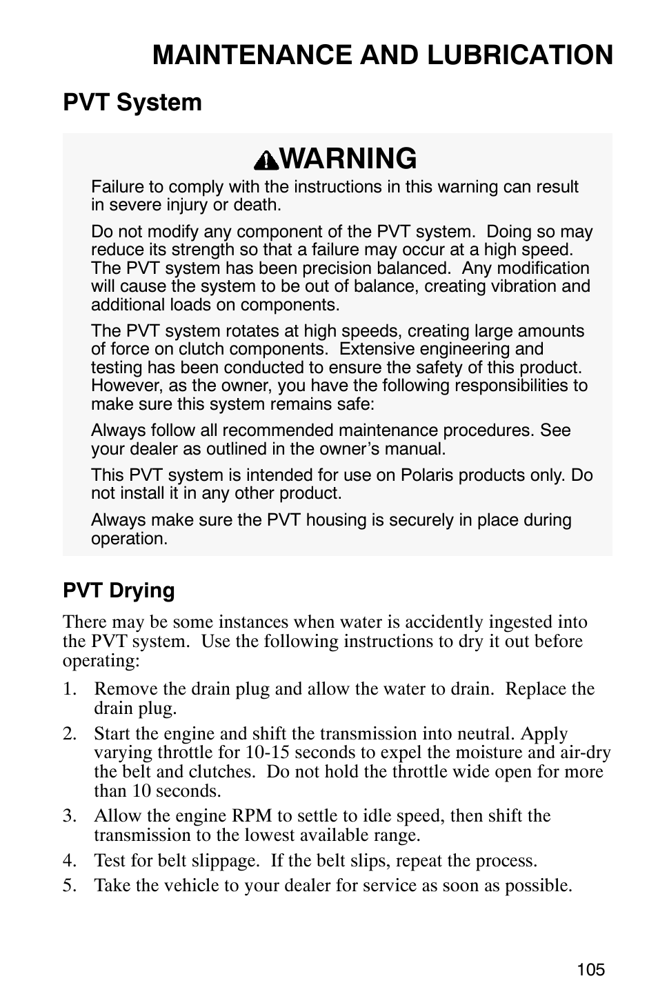 Warning, Maintenance and lubrication, Pvt system | Polaris 700 User Manual | Page 107 / 129