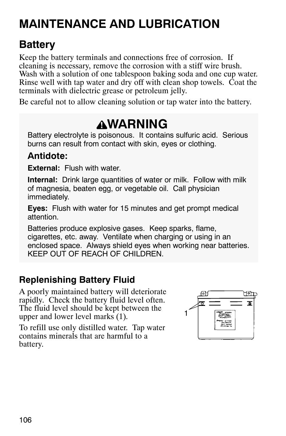 Warning, Maintenance and lubrication, Battery | Polaris 700 User Manual | Page 108 / 129