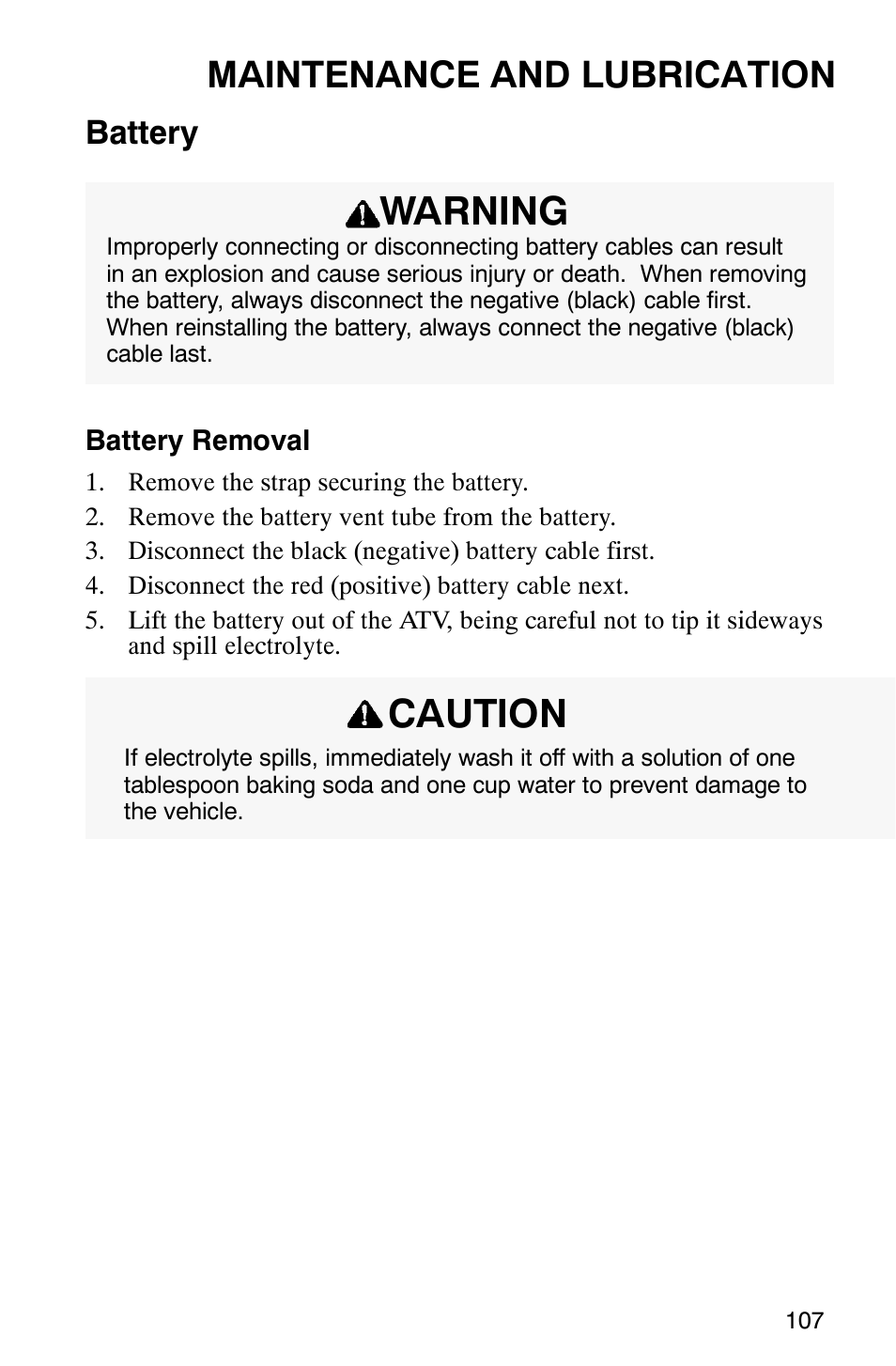 Warning, Caution, Maintenance and lubrication | Battery | Polaris 700 User Manual | Page 109 / 129