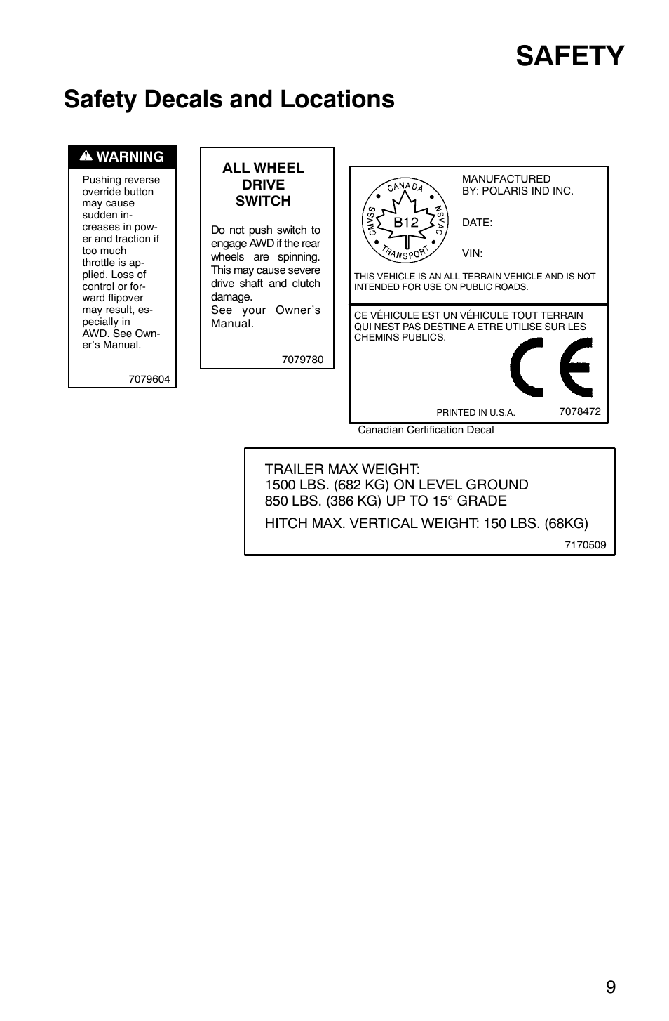 Safety, Safety decals and locations | Polaris 700 User Manual | Page 11 / 129