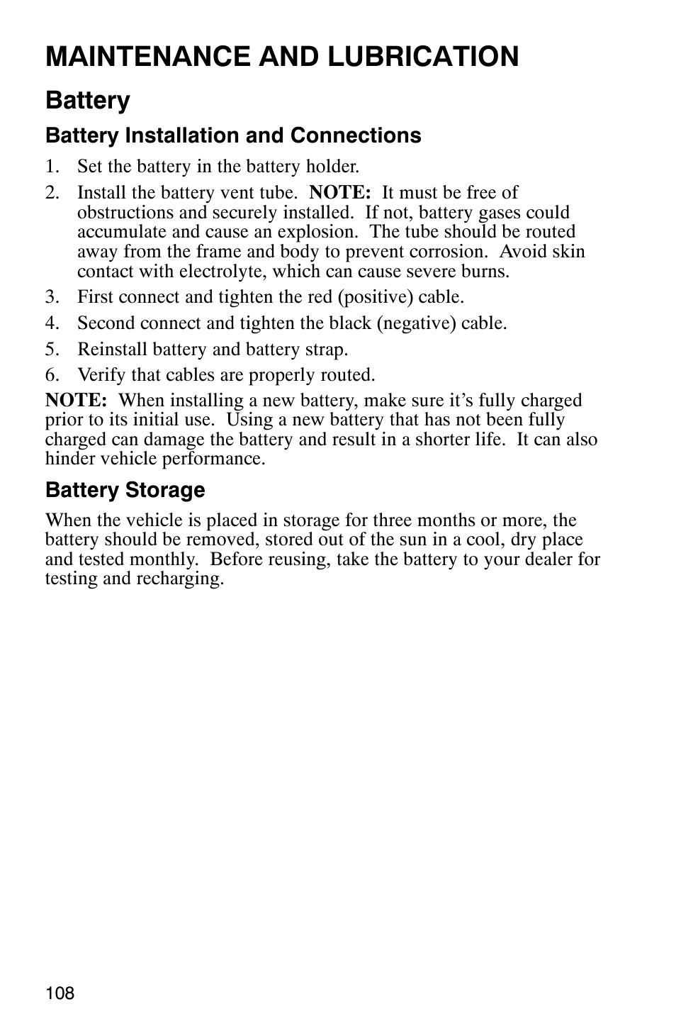 Maintenance and lubrication, Battery | Polaris 700 User Manual | Page 110 / 129