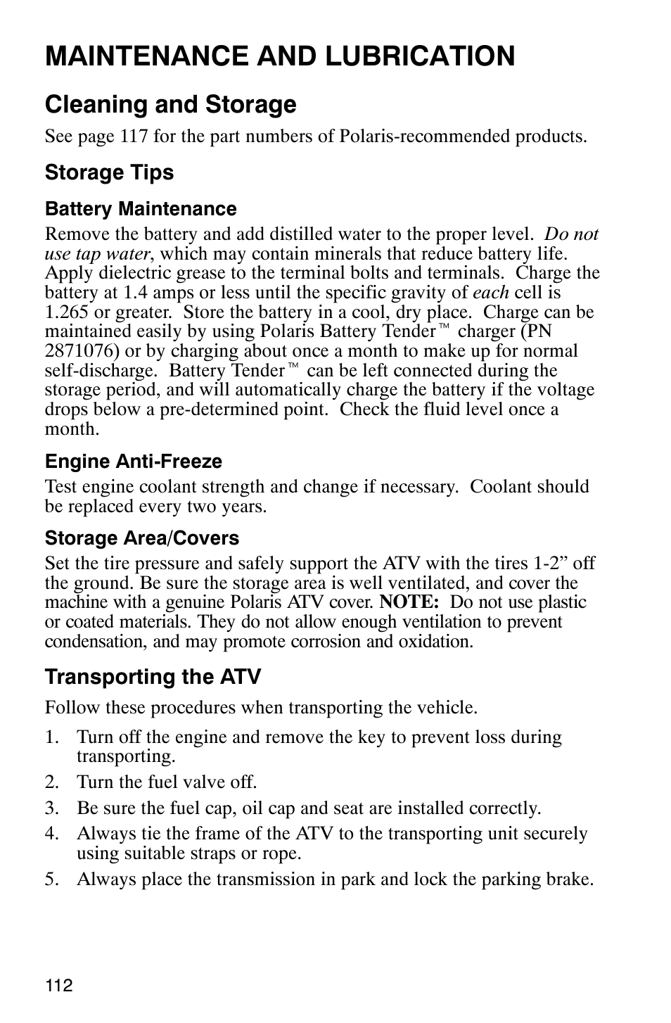 Maintenance and lubrication, Cleaning and storage | Polaris 700 User Manual | Page 114 / 129