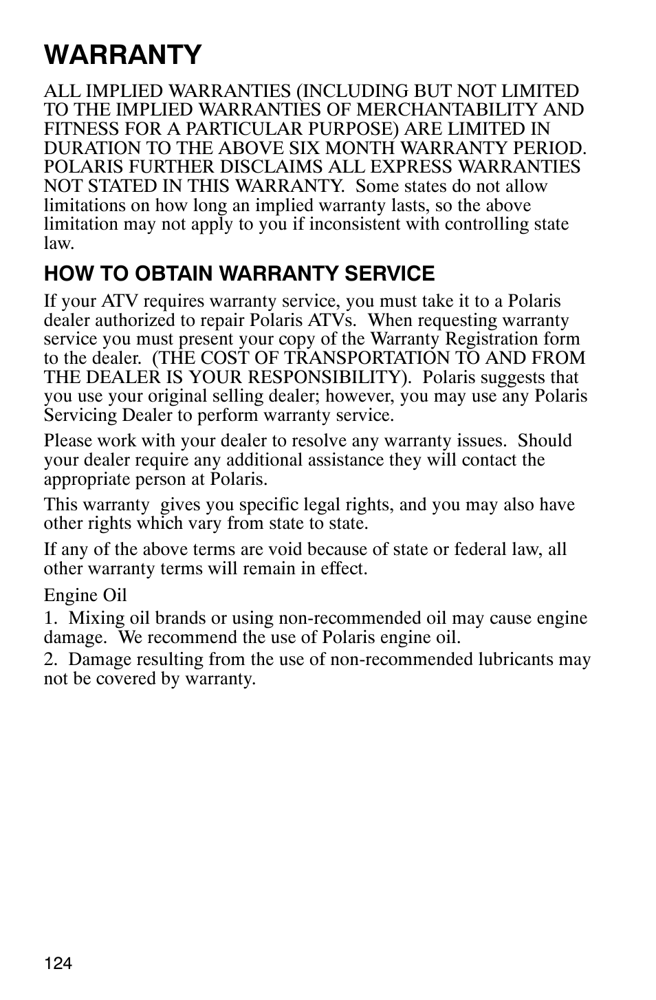 Warranty | Polaris 700 User Manual | Page 126 / 129
