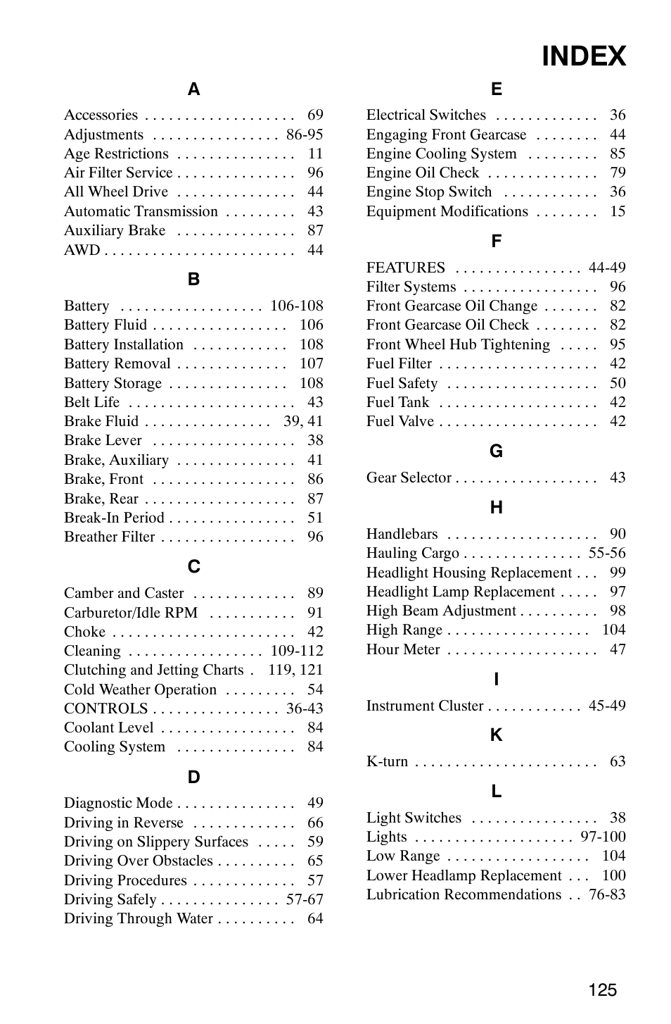 Index | Polaris 700 User Manual | Page 127 / 129