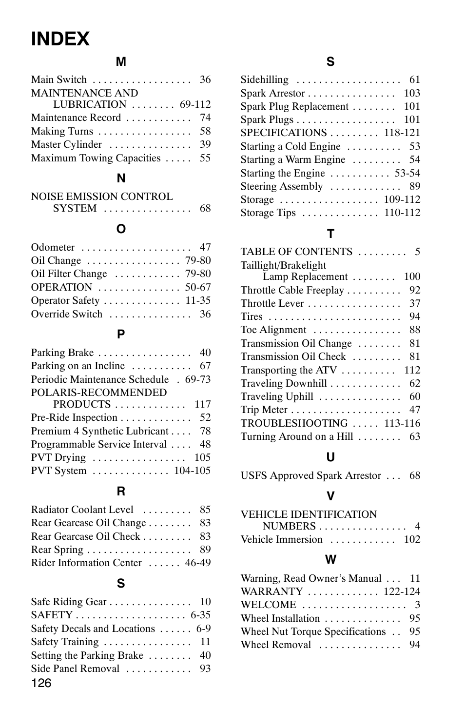 Index | Polaris 700 User Manual | Page 128 / 129