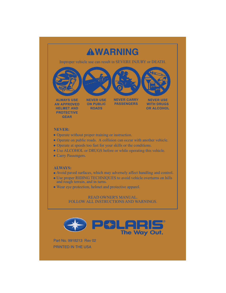 Warning | Polaris 700 User Manual | Page 129 / 129