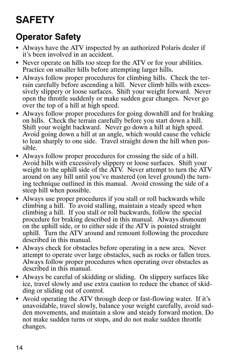 Safety, Operator safety | Polaris 700 User Manual | Page 16 / 129