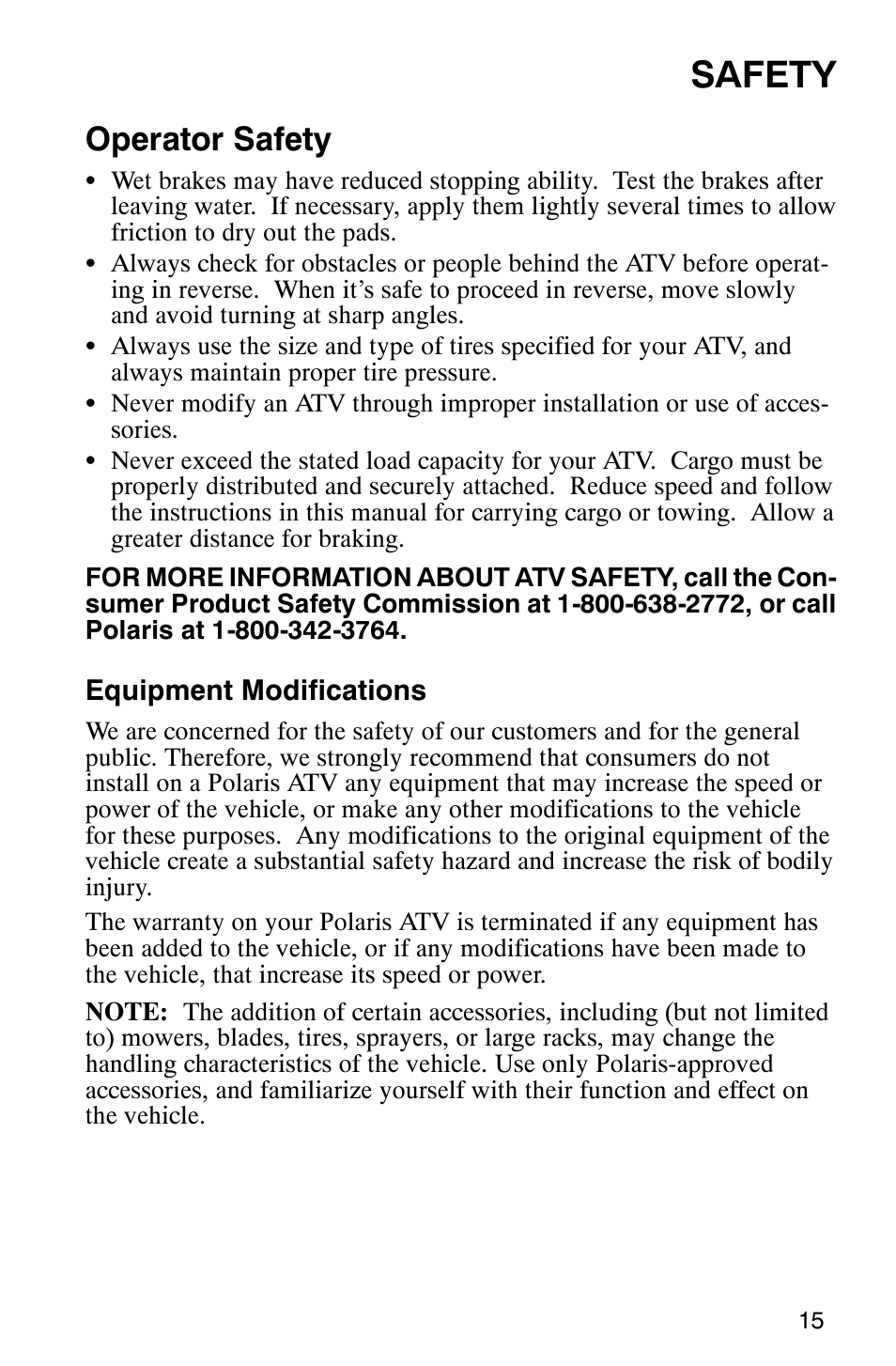 Safety, Operator safety | Polaris 700 User Manual | Page 17 / 129