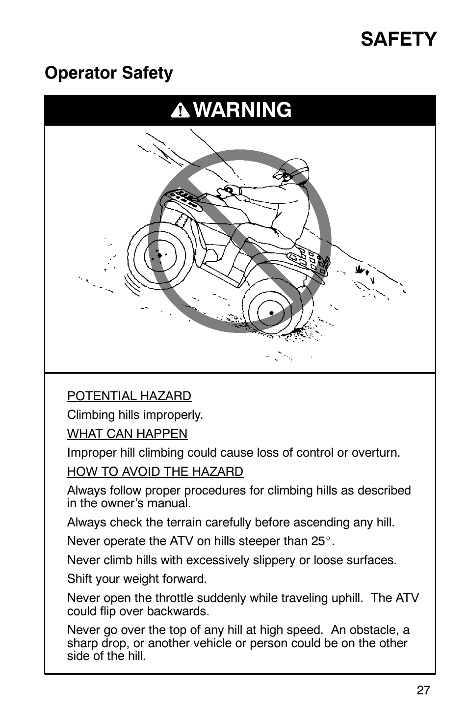 Warning, Safety, Operator safety | Polaris 700 User Manual | Page 29 / 129