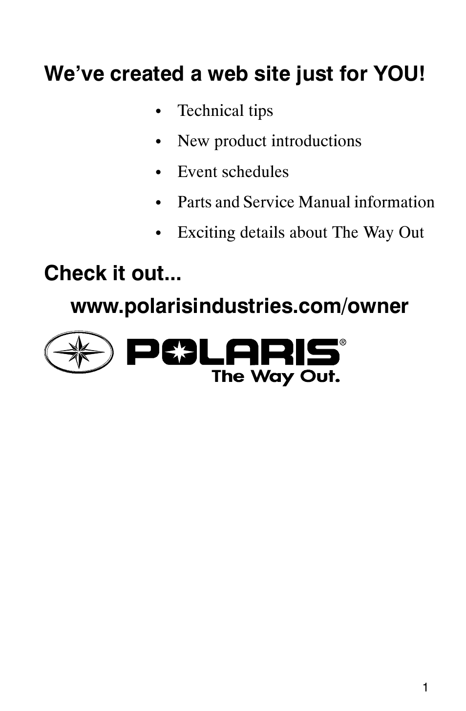 We’ve created a web site just for you | Polaris 700 User Manual | Page 3 / 129