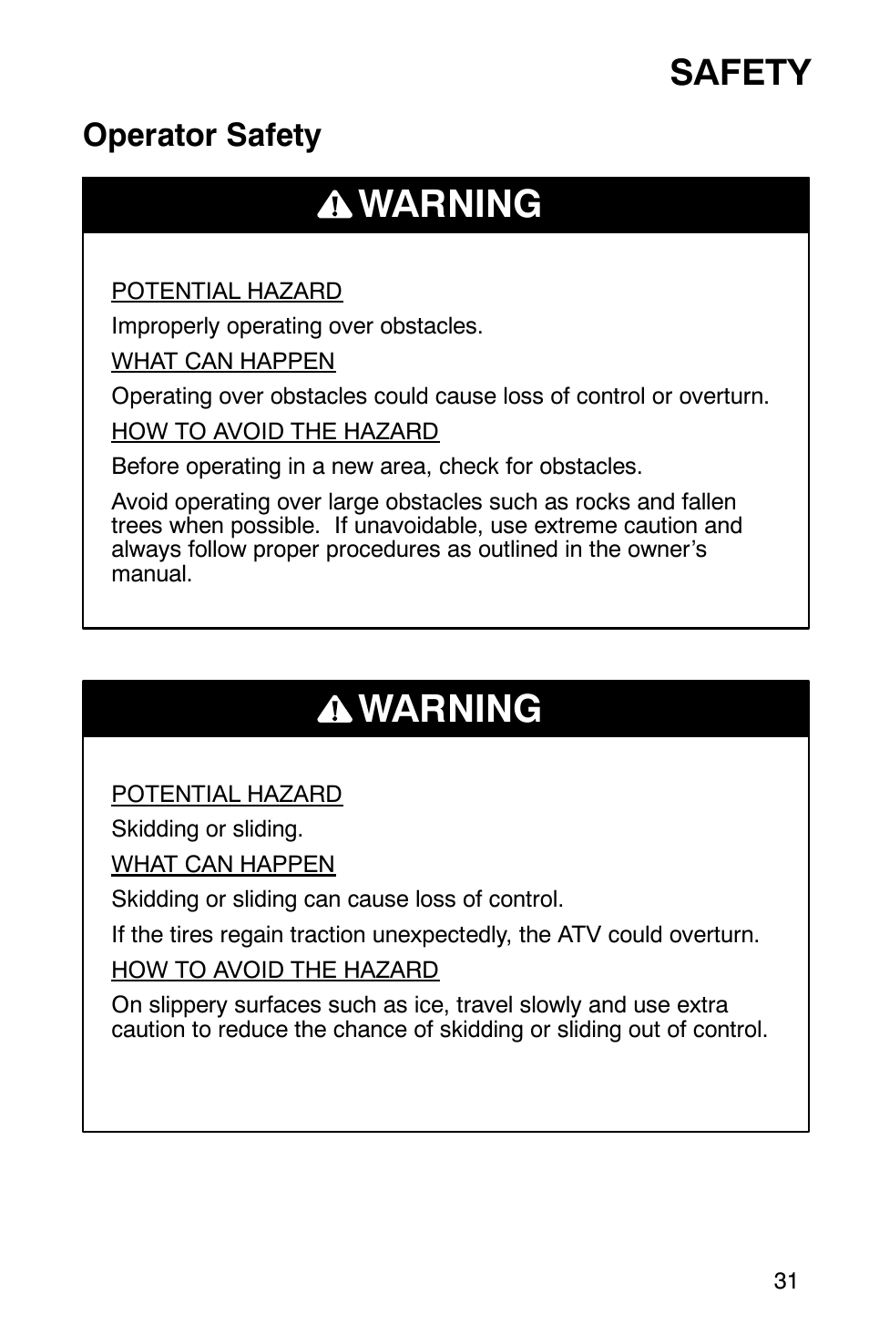 Warning, Safety, Operator safety | Polaris 700 User Manual | Page 33 / 129