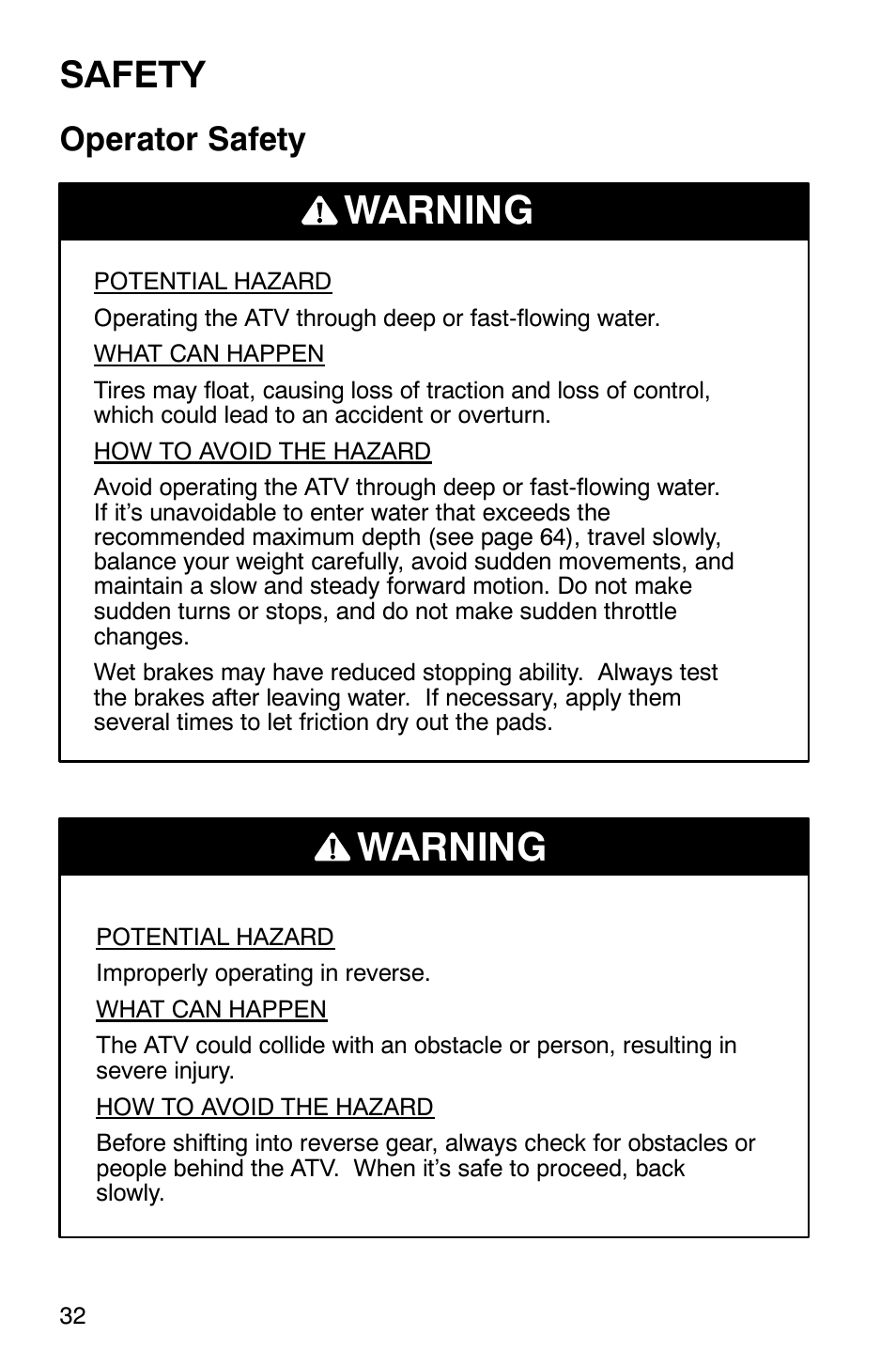 Warning, Safety, Operator safety | Polaris 700 User Manual | Page 34 / 129