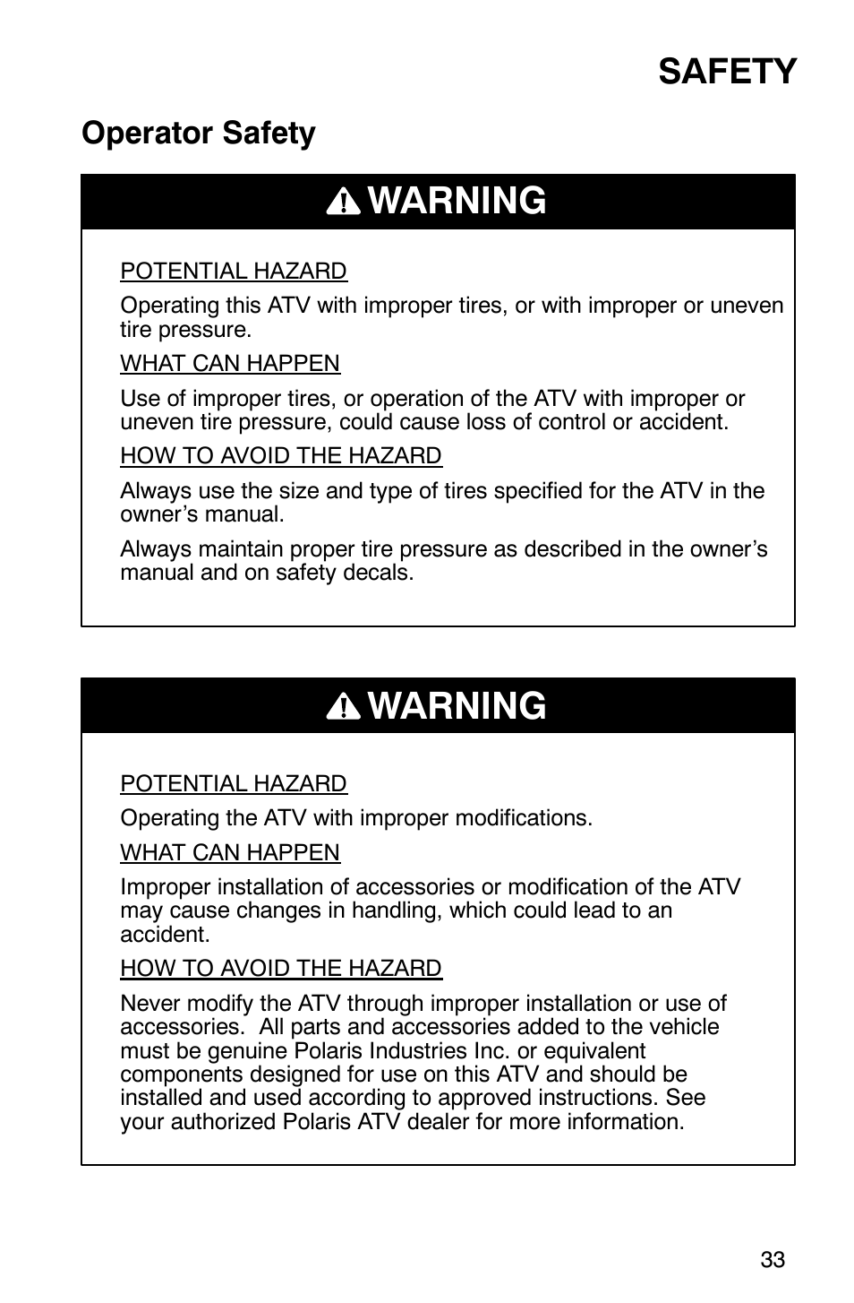 Warning, Safety, Operator safety | Polaris 700 User Manual | Page 35 / 129