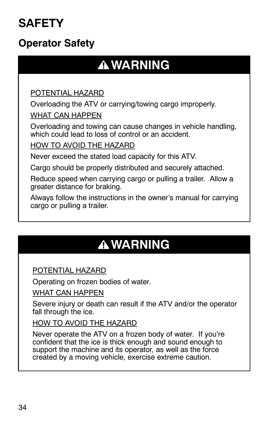 Warning, Safety, Operator safety | Polaris 700 User Manual | Page 36 / 129