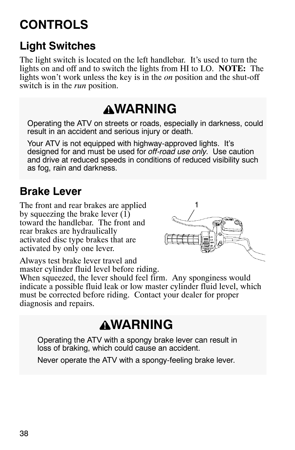 Warning, Controls, Light switches | Brake lever | Polaris 700 User Manual | Page 40 / 129