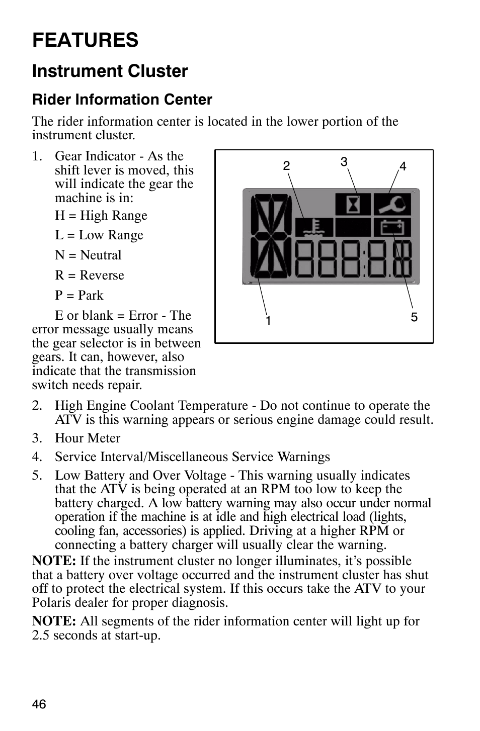 Features, Instrument cluster | Polaris 700 User Manual | Page 48 / 129