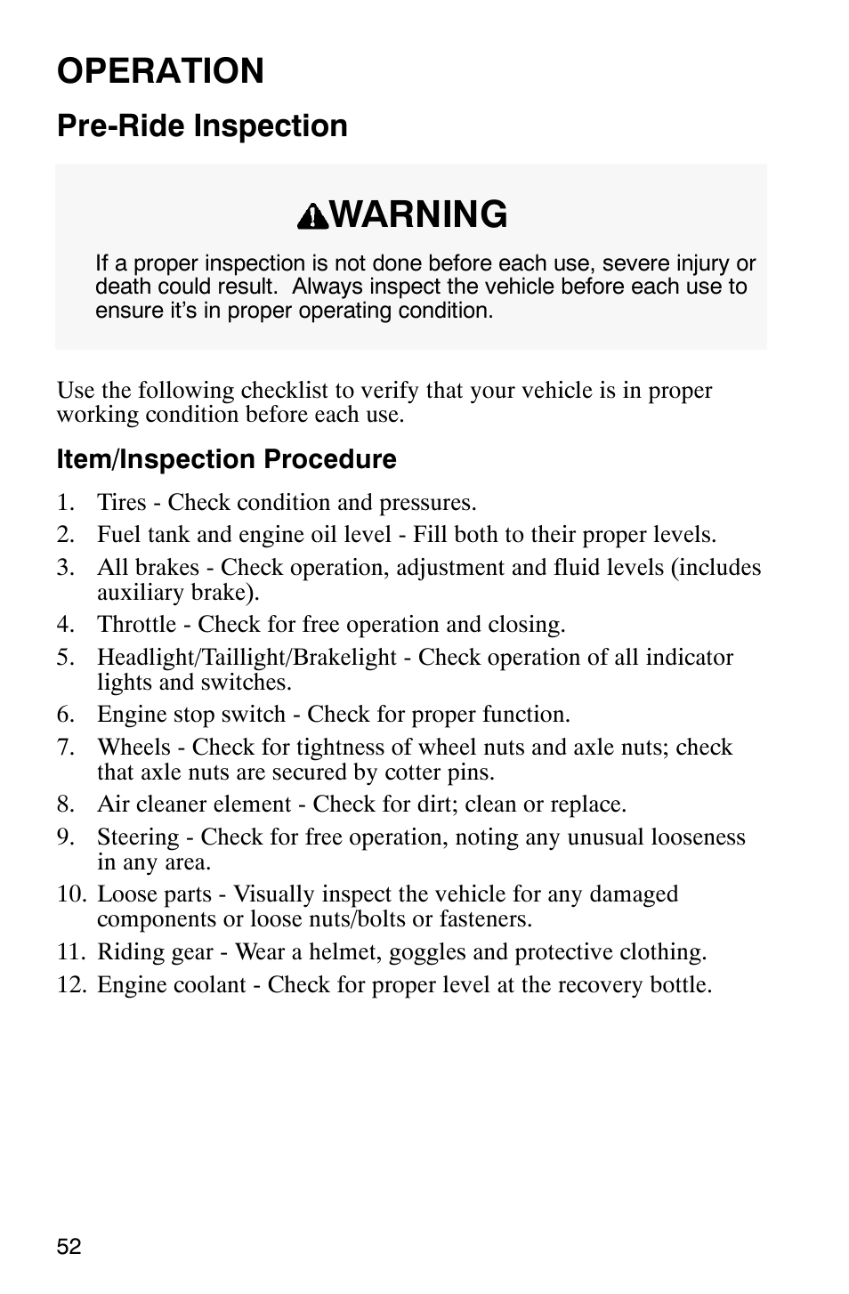 Warning, Operation, Pre-ride inspection | Polaris 700 User Manual | Page 54 / 129