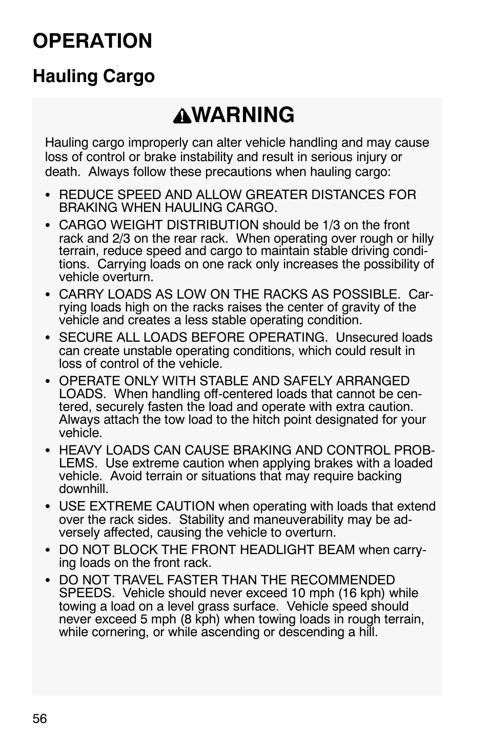 Warning, Operation, Hauling cargo | Polaris 700 User Manual | Page 58 / 129