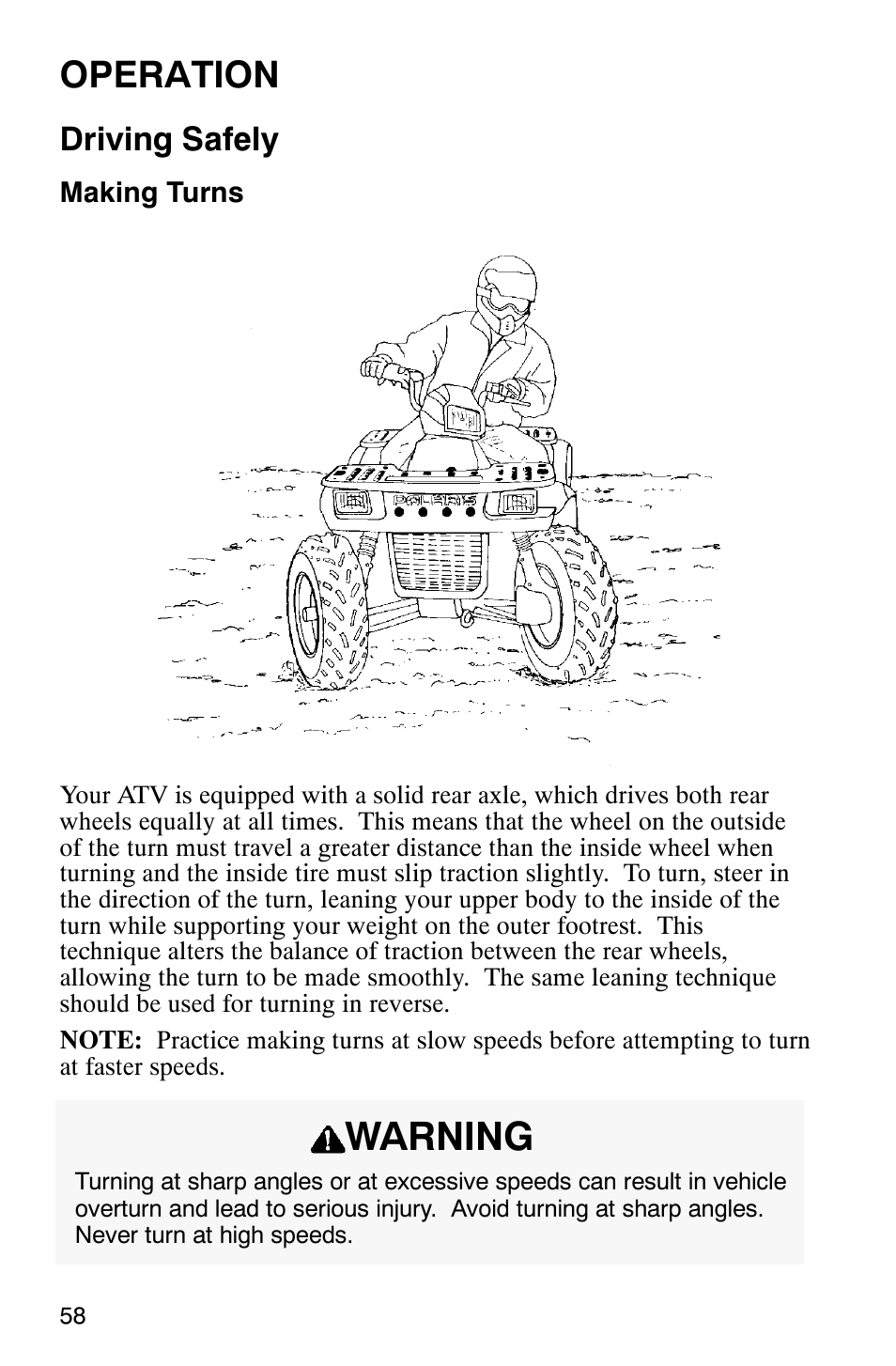 Warning, Operation, Driving safely | Polaris 700 User Manual | Page 60 / 129