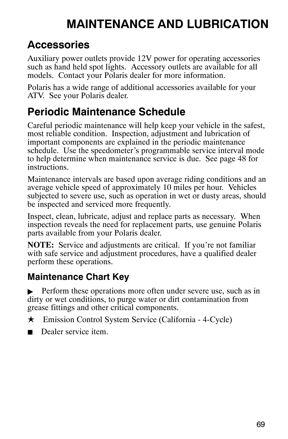 Maintenance and lubrication, Accessories, Periodic maintenance schedule | Polaris 700 User Manual | Page 71 / 129