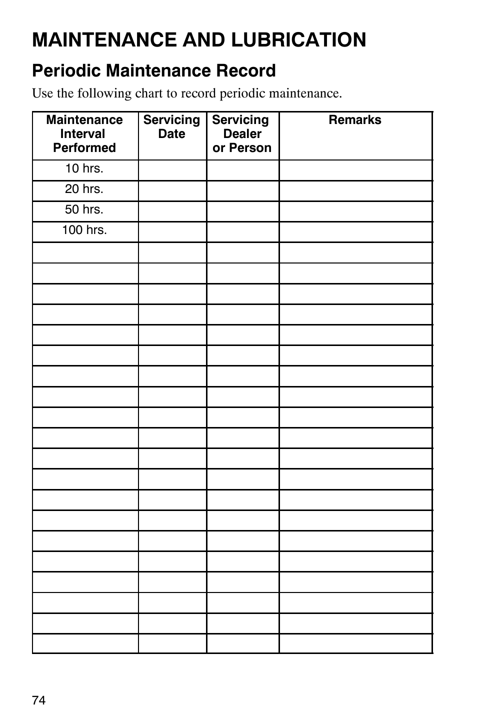 Maintenance and lubrication, Periodic maintenance record | Polaris 700 User Manual | Page 76 / 129