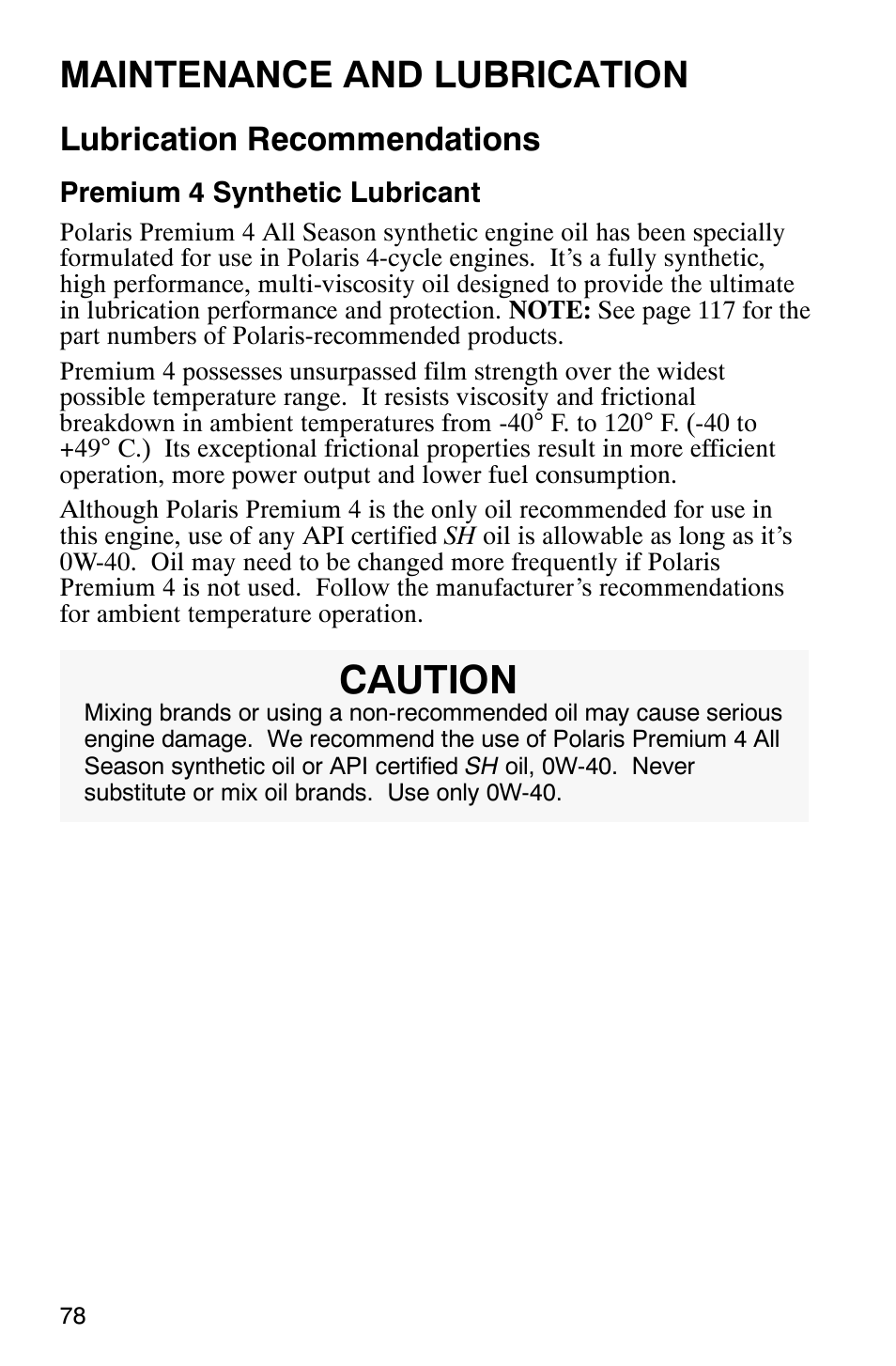 Caution, Maintenance and lubrication, Lubrication recommendations | Polaris 700 User Manual | Page 80 / 129