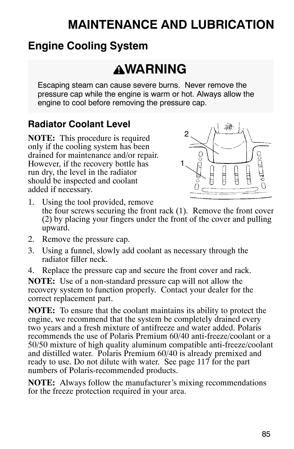 Warning, Maintenance and lubrication, Engine cooling system | Polaris 700 User Manual | Page 87 / 129