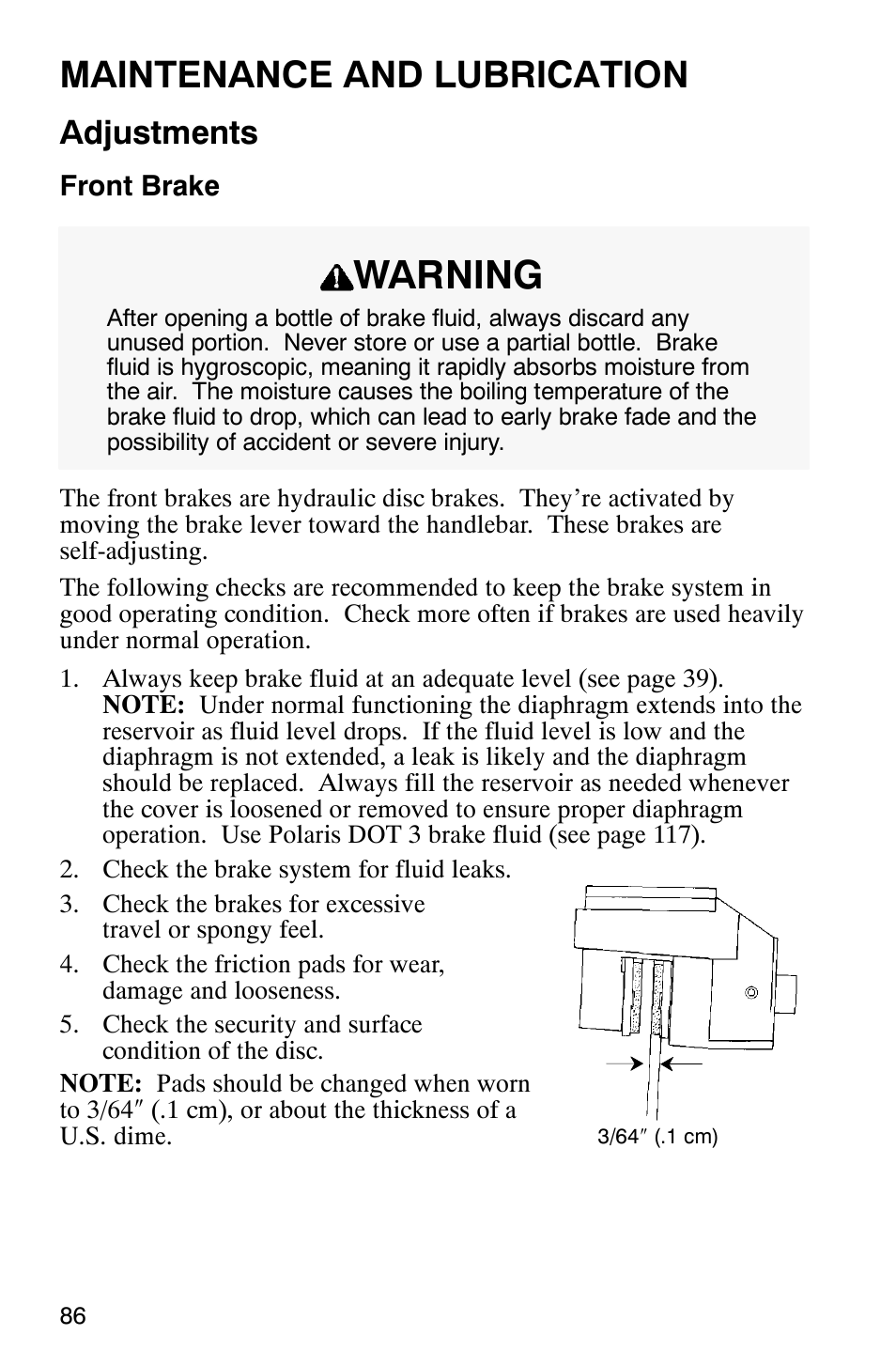 Warning, Maintenance and lubrication, Adjustments | Polaris 700 User Manual | Page 88 / 129