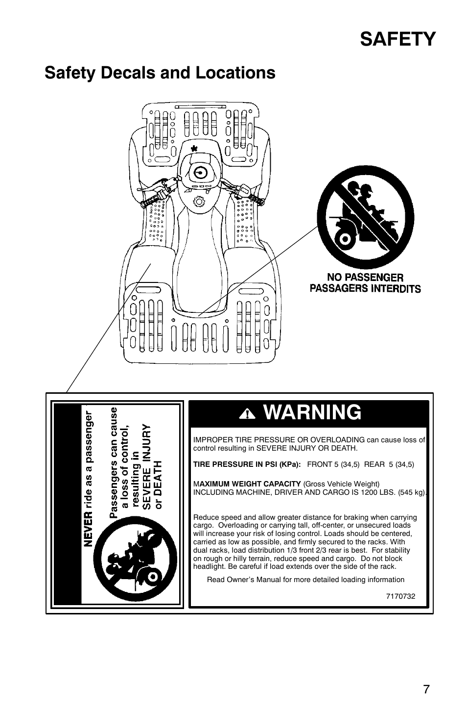 Warning, Safety, Safety decals and locations | Polaris 700 User Manual | Page 9 / 129