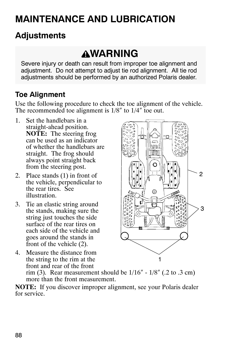 Warning, Maintenance and lubrication, Adjustments | Polaris 700 User Manual | Page 90 / 129