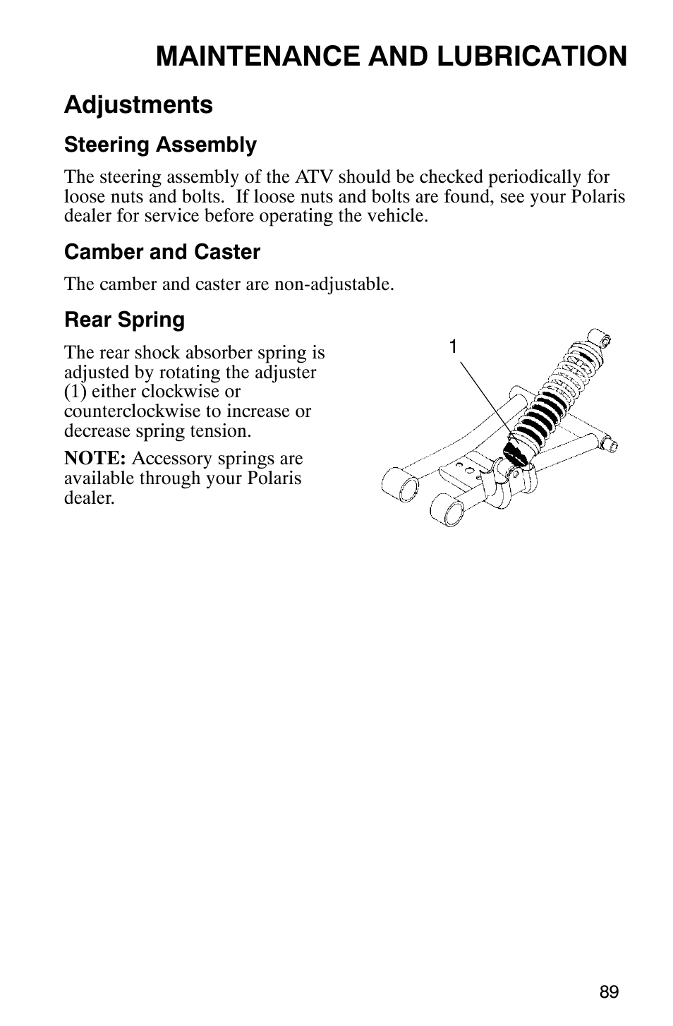 Maintenance and lubrication, Adjustments | Polaris 700 User Manual | Page 91 / 129