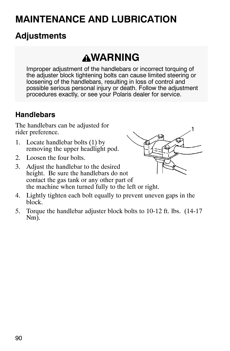 Warning, Maintenance and lubrication, Adjustments | Polaris 700 User Manual | Page 92 / 129