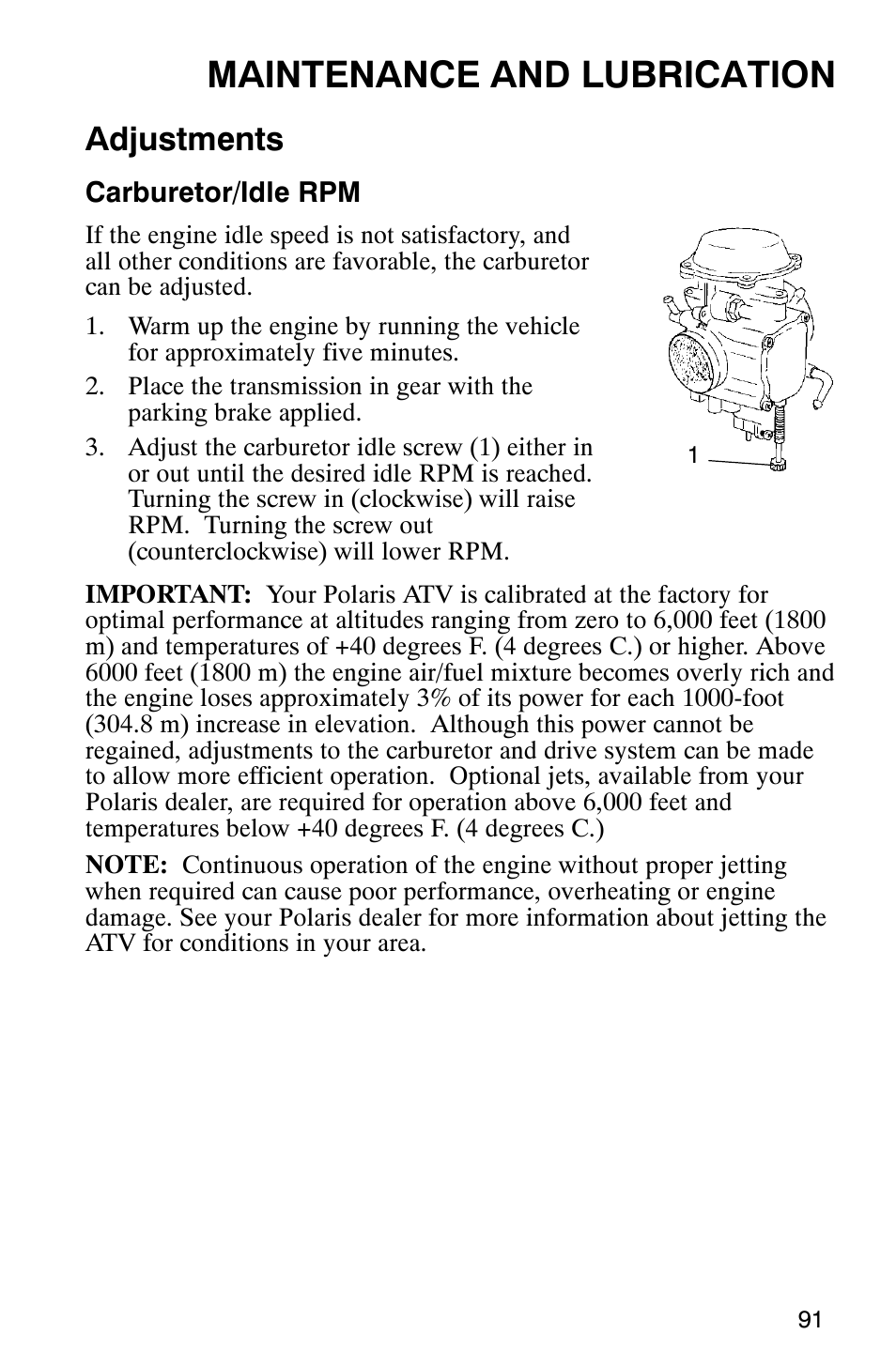 Maintenance and lubrication, Adjustments | Polaris 700 User Manual | Page 93 / 129