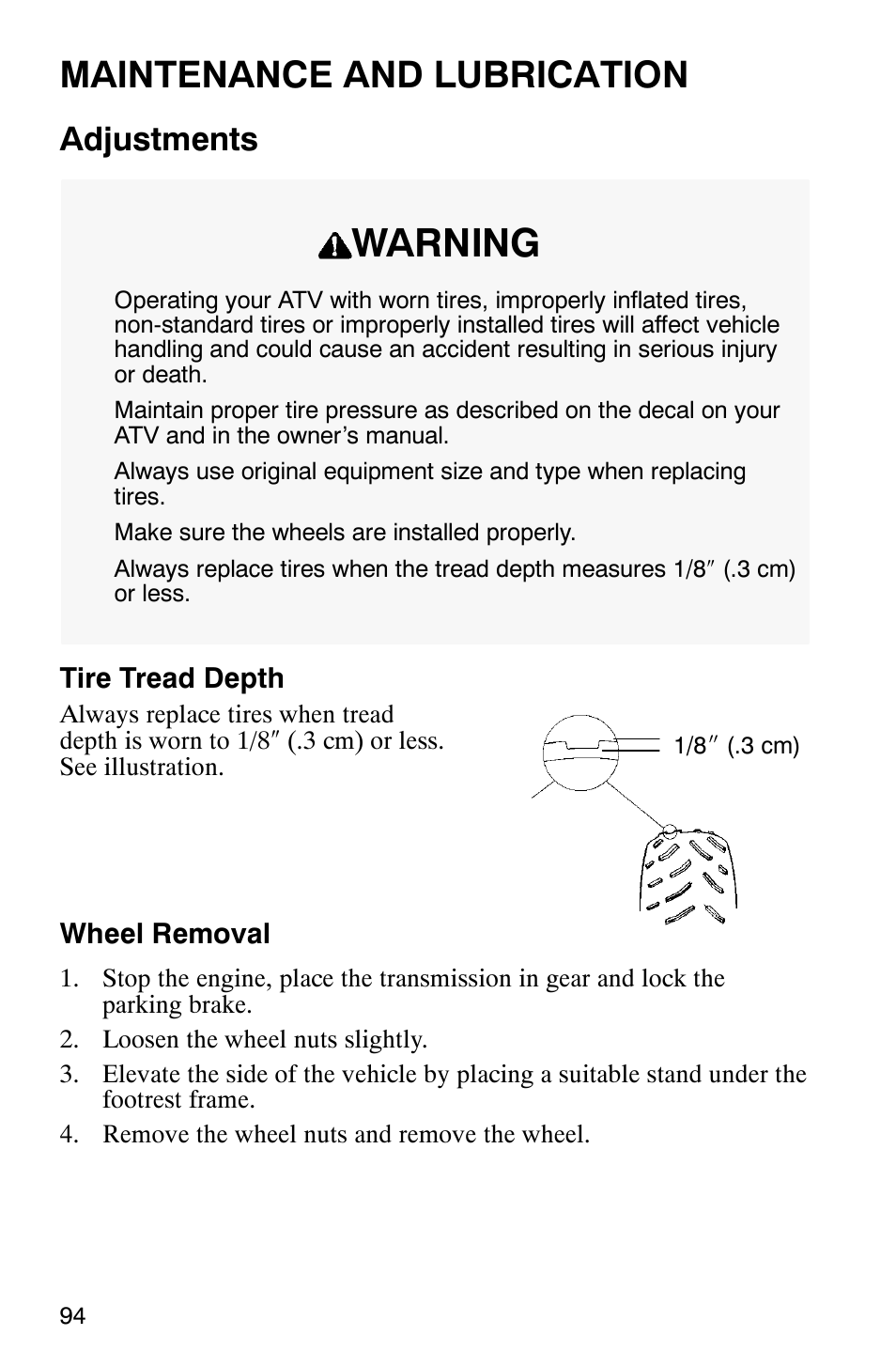 Warning, Maintenance and lubrication, Adjustments | Polaris 700 User Manual | Page 96 / 129