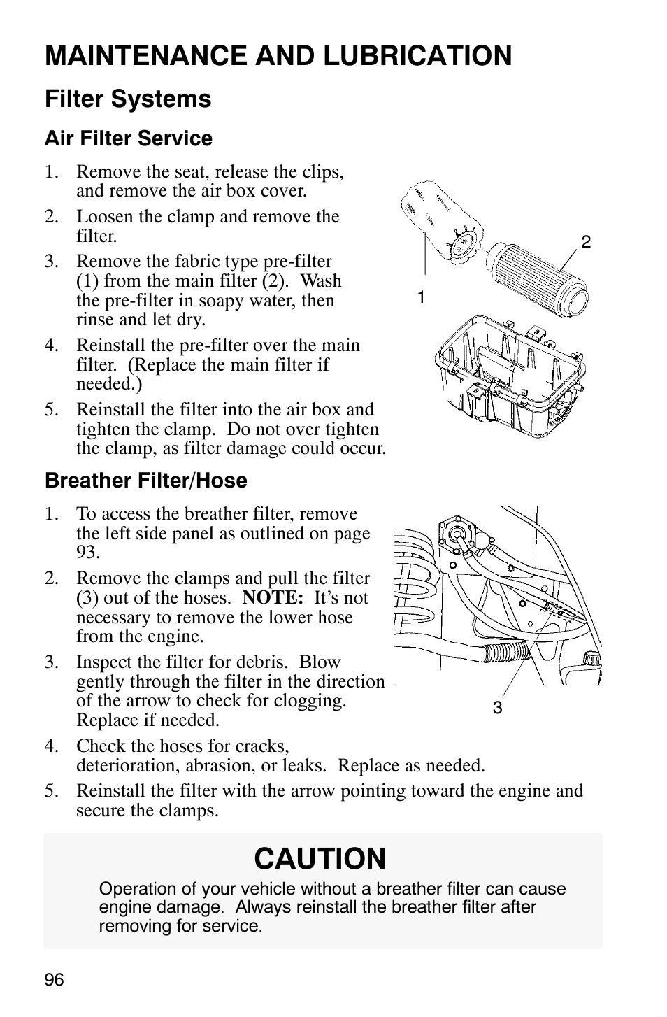 Caution, Maintenance and lubrication, Filter systems | Polaris 700 User Manual | Page 98 / 129