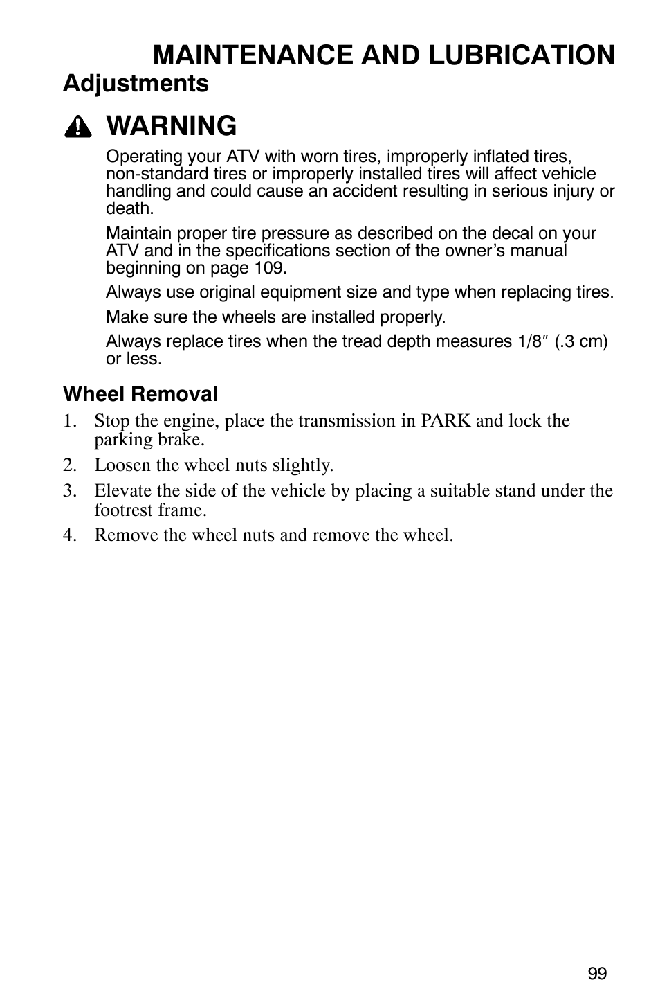 Maintenance and lubrication, Warning, Adjustments | Polaris Magnum 330 2x4 User Manual | Page 102 / 126