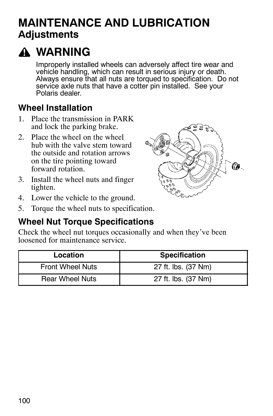 Maintenance and lubrication, Warning, Adjustments | Polaris Magnum 330 2x4 User Manual | Page 103 / 126