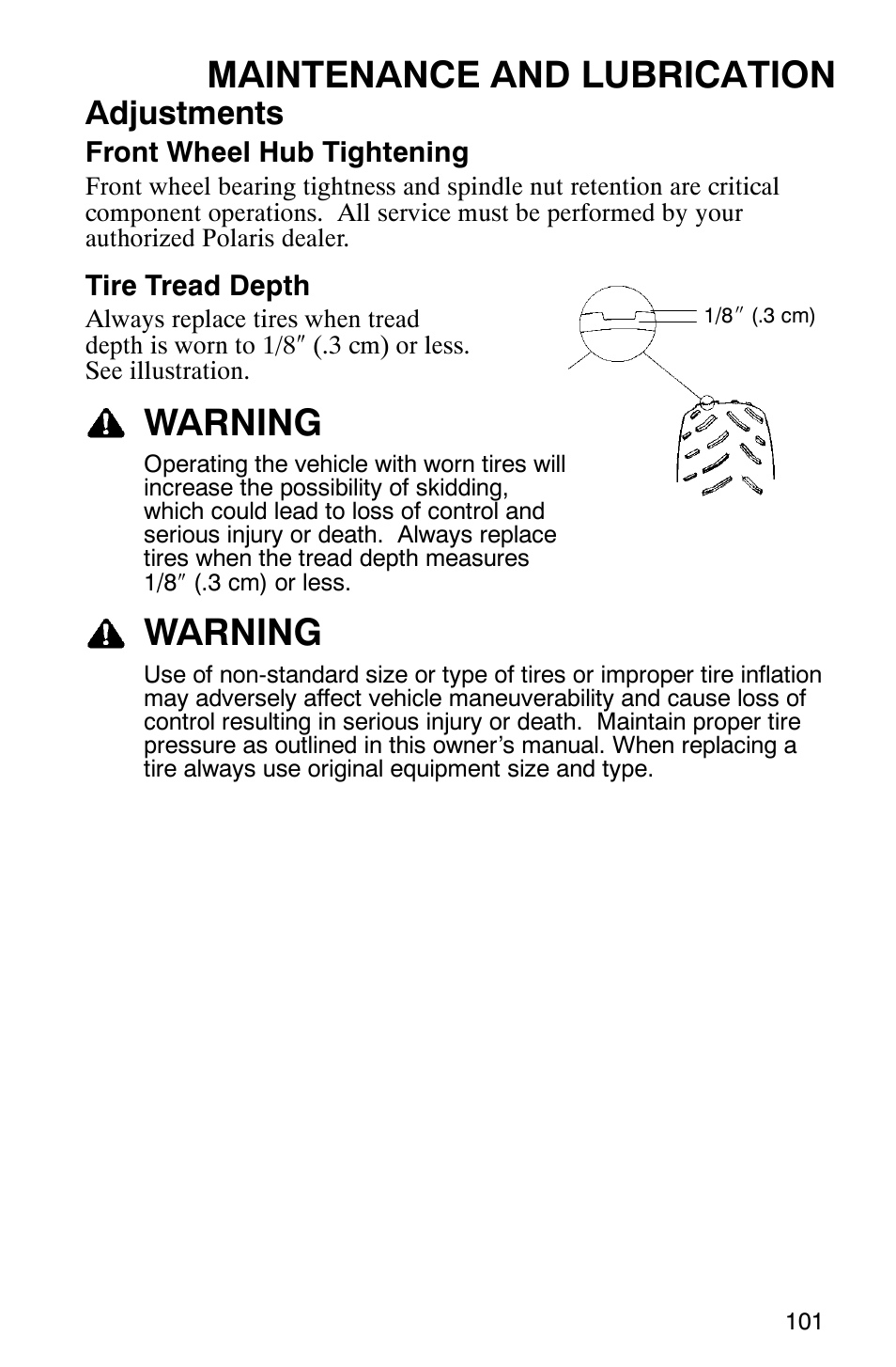 Maintenance and lubrication, Warning, Adjustments | Polaris Magnum 330 2x4 User Manual | Page 104 / 126