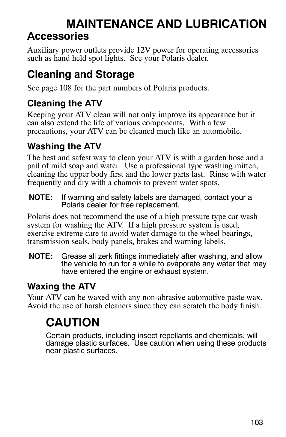 Maintenance and lubrication, Caution, Accessories | Cleaning and storage | Polaris Magnum 330 2x4 User Manual | Page 106 / 126