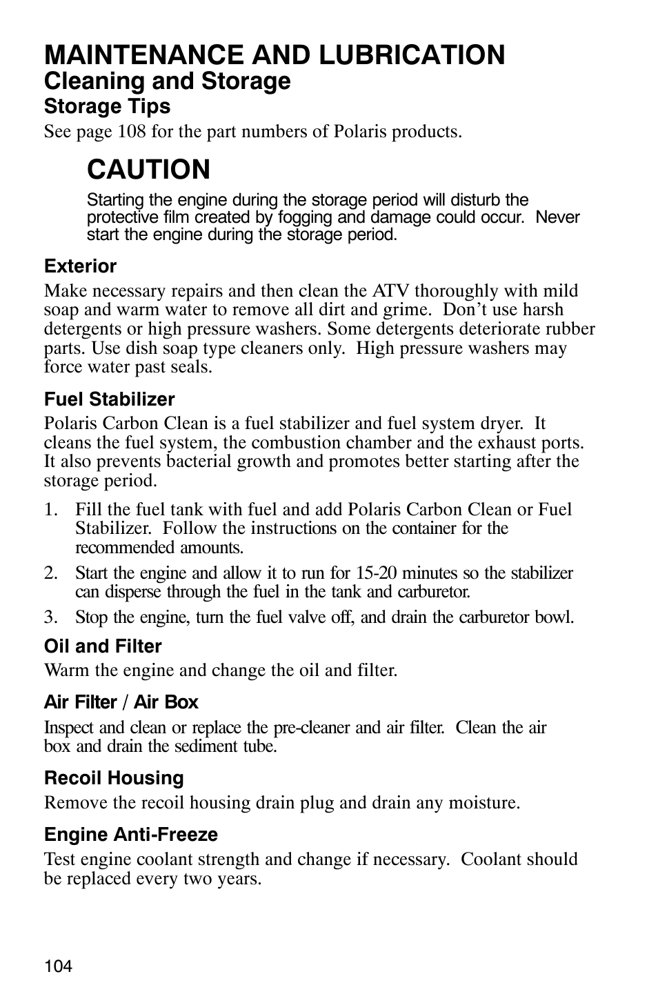 Maintenance and lubrication, Caution, Cleaning and storage | Polaris Magnum 330 2x4 User Manual | Page 107 / 126